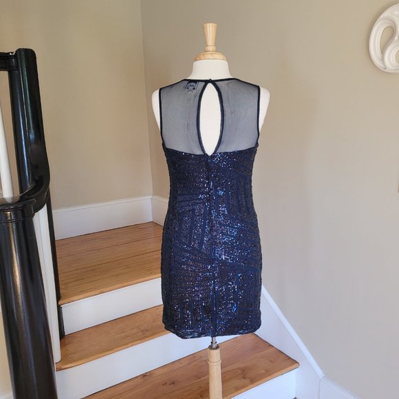 Deb Sequined and Sheer Party Cocktail Blue Mini Dress. Size L Youth - Picture 4 of 8